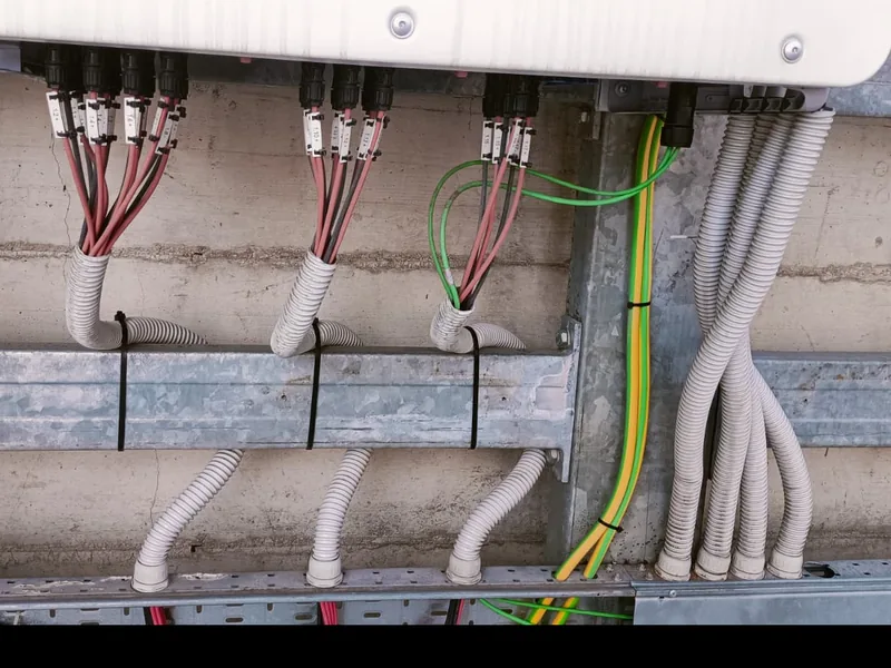 Connettori fotovoltaici attestati e siglati sotto un inverter di stringa